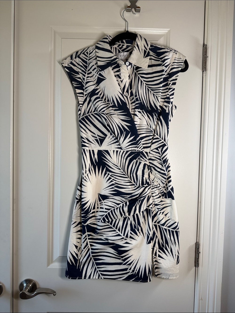 Milly Navy and White Palm-Print Collared Mini Dress